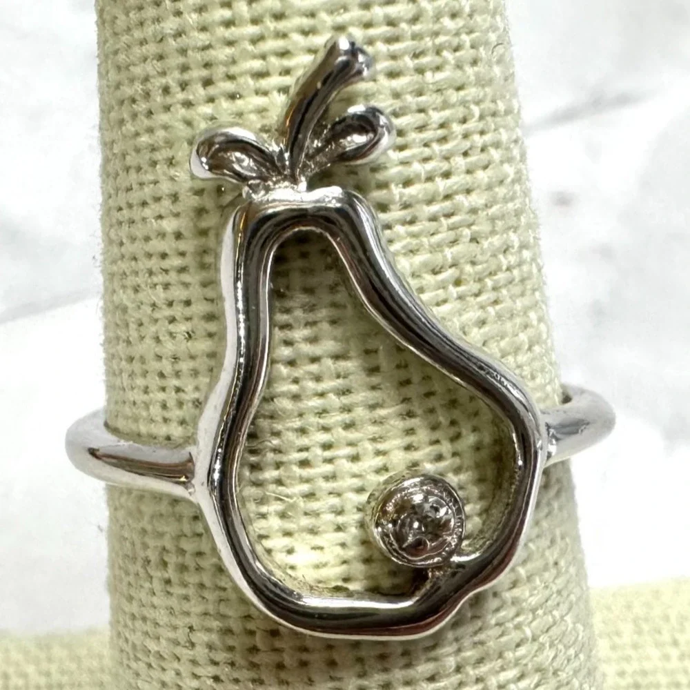 Sterling Silver Pear Ring Size 6 3/4 Fertility Symbol Open Work 925 Rhinestone